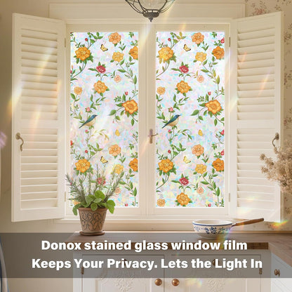 Donox Window Privacy Film Static Cling, Decorative Stained Glass Style Tint, Lotus Pattern with Rainbow Effect for Home and Office, UV Blocking No Glue Removable, 17.5 x 157.4 inches