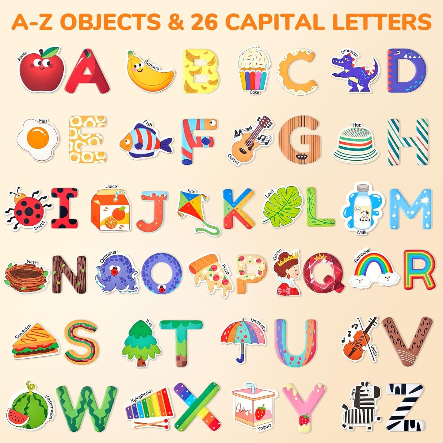 JoyCat Fridge Magnets for Toddlers & Kids – 26 Cute A-Z Objects, Large Magnetic Refrigerator Toys, Fun Educational Learning Gifts for Girls and Boys 2 3 4 5 Years Old