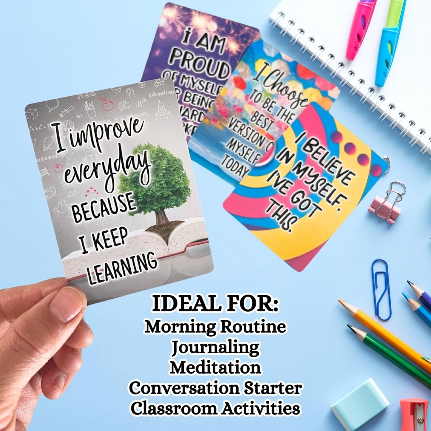 Growth Mindset Positive Affirmation Cards, 54 Affirmations, 150+ Inspiring Questions, Glossy Coated Cards with Storage Box, Meaningful Gift, Loved by Teachers, Therapists and Parents