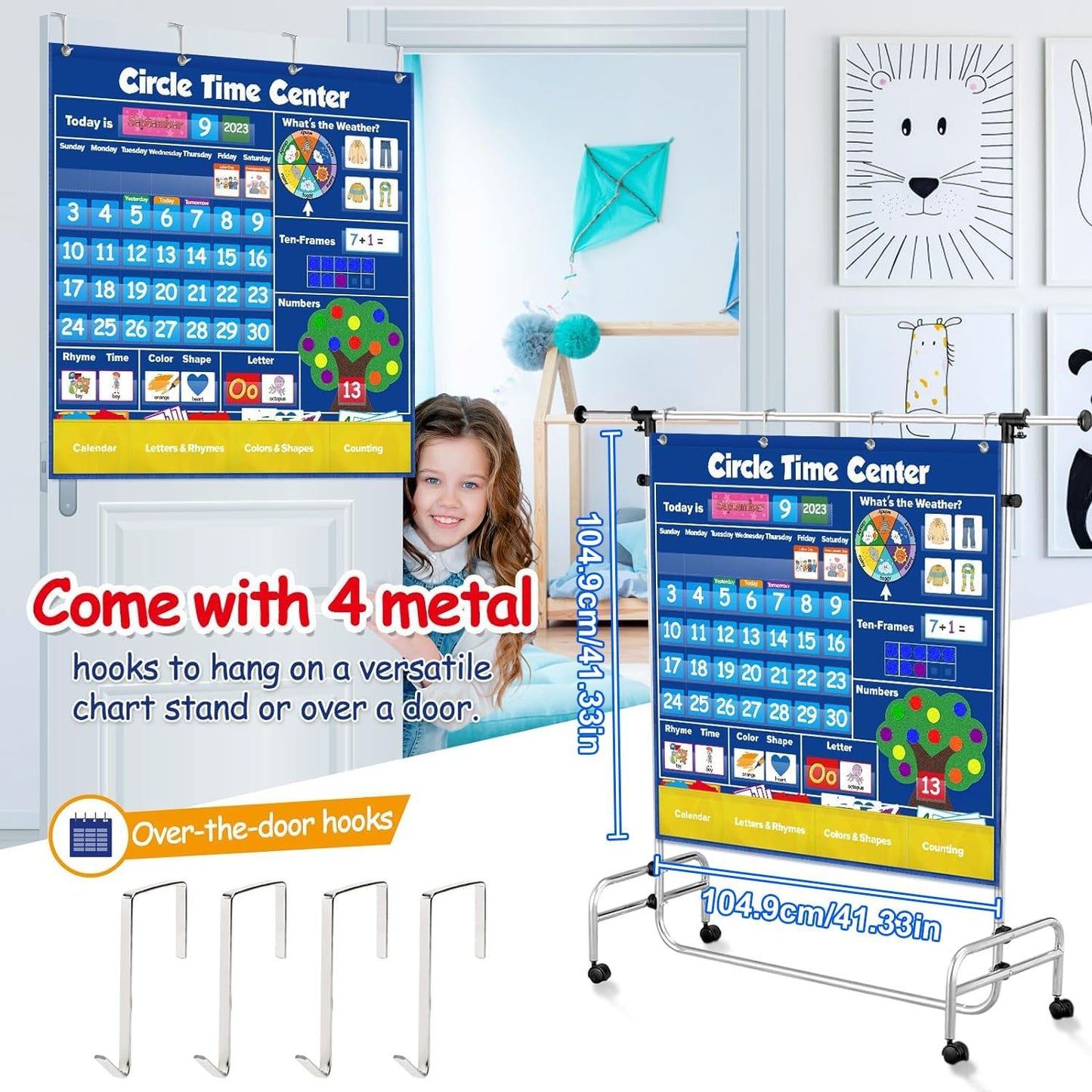 Circle Learning Time Center Pocket Chart Calendar Set, Educational Pocket Chart Learning Shape, Color Classroom Pocket Chart-Number Pocket Chart Wording Rhyme Pictures Pocket Chart