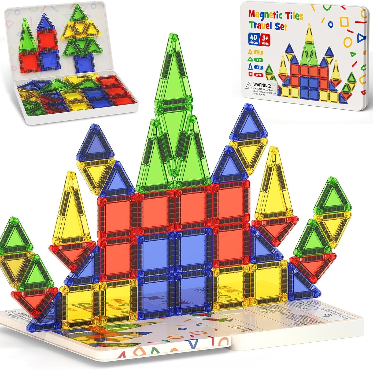 Magnetic Tiles for Kids Ages 4-8, Magnetic Blocks Travel Set with Diamond Surface & Metal Storage Box, 60PCS STEM Learning Toys, Educational Building Gifts for 3-8 Year Olds