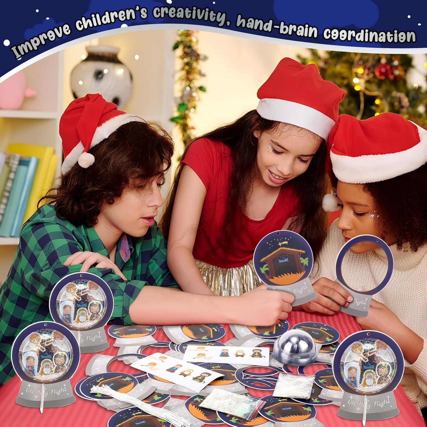 Threehoney 24 Pack Easter Nativity Craft Kit for Kids Toddler Jesus Birth Advent DIY Snow Globe Hanging Ornament with Glitter Sequin Paper Religious Holiday Classroom Decor(Joy,Silver)