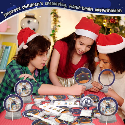 Threehoney 24 Pack Easter Nativity Craft Kit for Kids Toddler Jesus Birth Advent DIY Snow Globe Hanging Ornament with Glitter Sequin Paper Religious Holiday Classroom Decor(Joy,Silver)