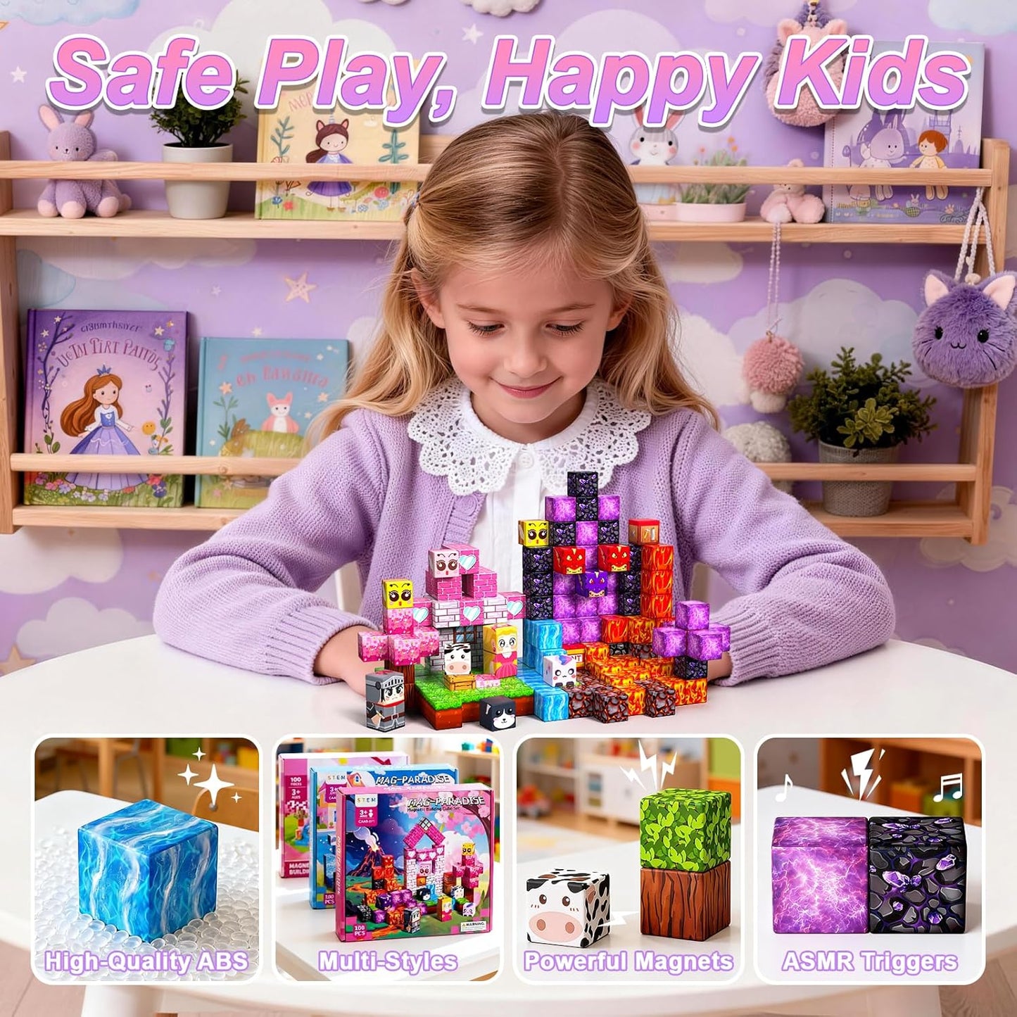 Magnetic Blocks, 150PCS Magnetic Building Blocks, Stacking Magnets for Kids, Sensory Toy for STEM Constructions Magnet Blocks for Girls Age 3+, Christmas Birthday Gifts (Snow Castle)