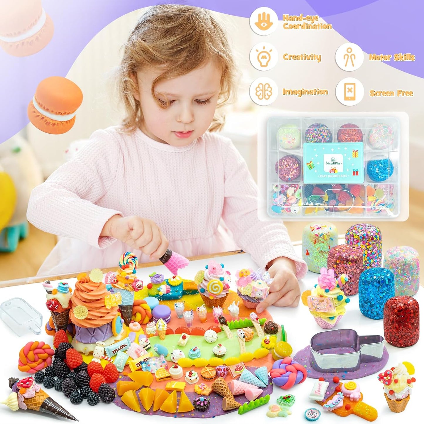 SIMPLIPLAY Mermaid Sensory Kit, 18oz 6 Pcs Glitter Doughs with Accessories(150 Pcs+), Non-Toxic Play Dough Set, Sensory Dough Kit for Toddlers 3 4 5 6 Year Old with Cutter, Mermaid Toys