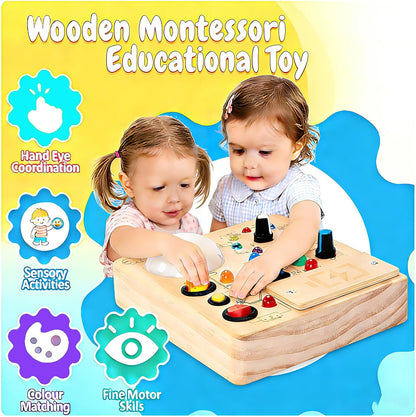 Wooden Montessori Busy Board with LED Light Switches & Tap Light, Sensory Activity Educational Toy for 1-3 Year Old Toddlers, Travel Toy & Birthday Gift for Boys Girls (Battery Not Included)