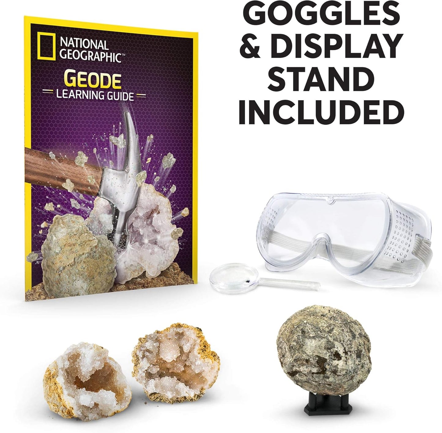 NATIONAL GEOGRAPHIC Break Open 2 Geodes Science Kit – Includes Goggles, Detailed Learning Guide and Display Stand - Great STEM Science gift for Mineralogy and Geology enthusiasts of any age
