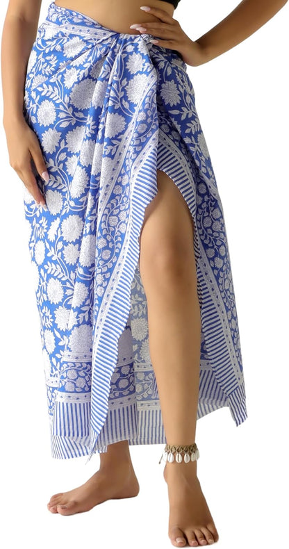 100% Cotton Sarong Cover Up for Women Indian Block Print Beach Wrap Skirt Long Boho Swimsuit Bikini Pareo (73” x 43”)