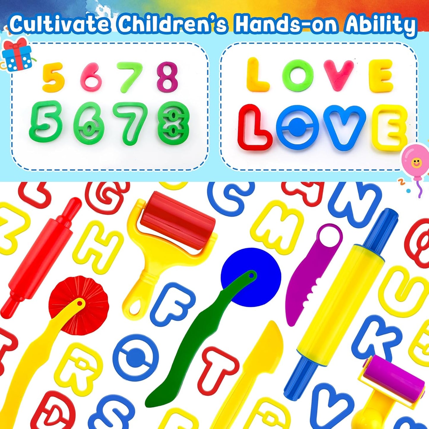 Dough Tools for Kids,9-Piece Kids Clay and Dough Tool Kit– Includes Roller, Rolling Pins, Cutting Tools, Safe Scissors & Plastic Knife for Fun DIY Craft Activities