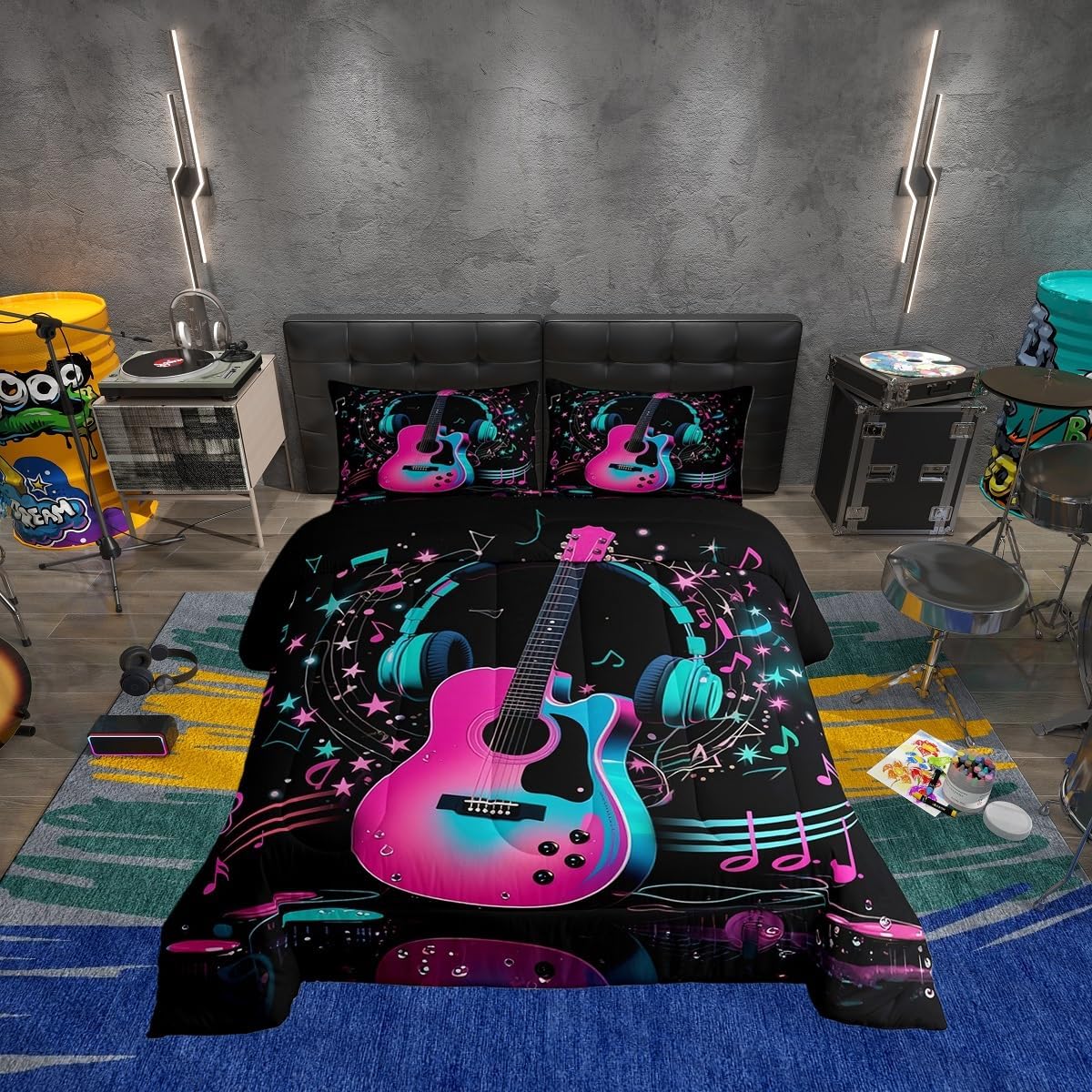 Erosebridal Drum Kit 3D Print Kids Comforter Sets Rock Music Themed Full Bedding Set for Boys Girls Musical Pattern Comforter Set,Colorful Retro Style Quilt Duvet 3 Pcs