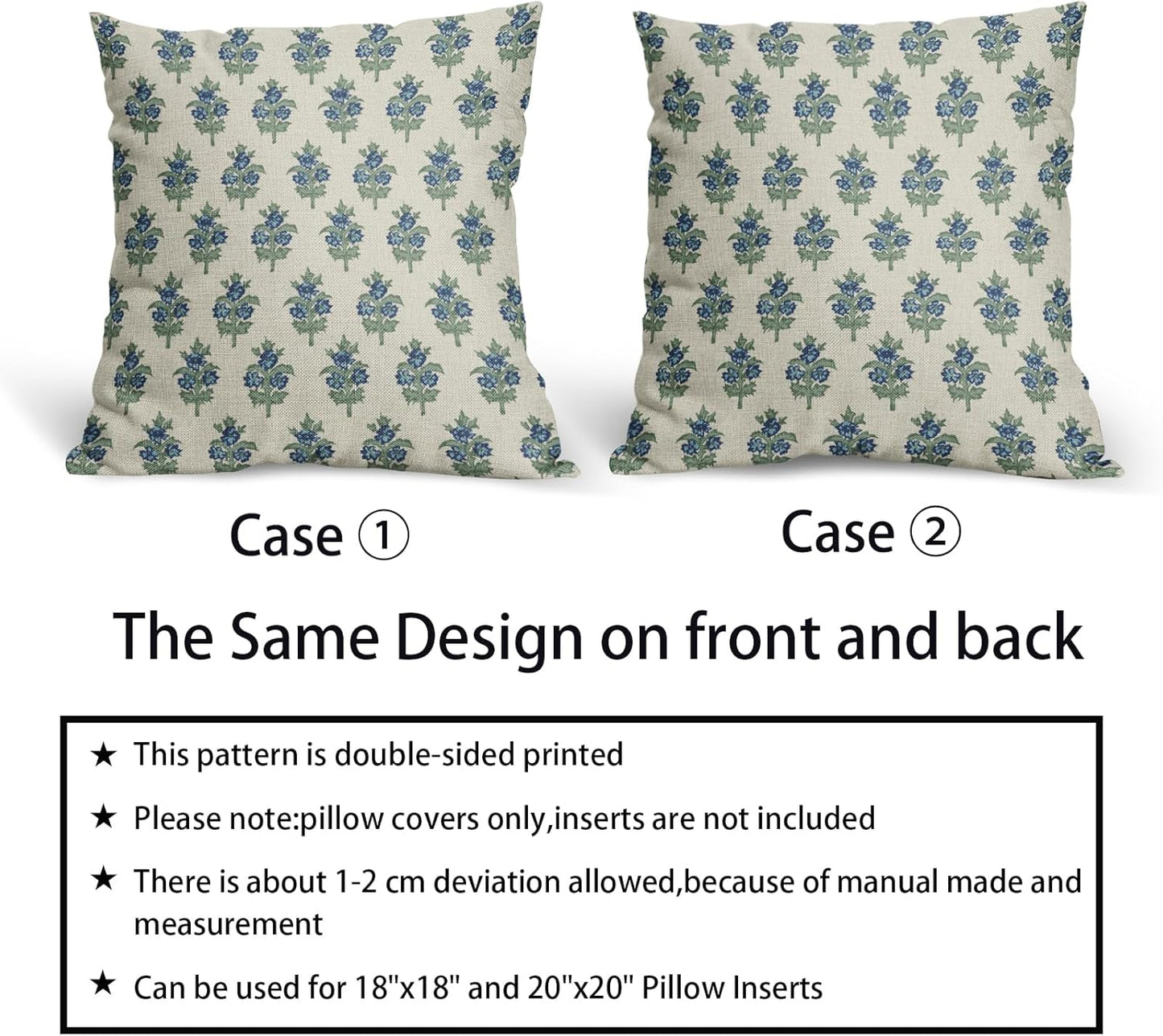 Sage Green Blue Floral Block Print Pillow Covers 18x18 Set of 2 Spring Flower Pattern Decorative Throw Pillowcases Outdoor Rustic Farmhouse Square Cushion Cases Decor for Home Couch Sofa Bed