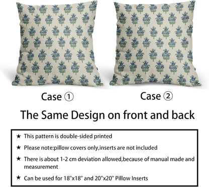 Sage Green Blue Floral Block Print Pillow Covers 18x18 Set of 2 Spring Flower Pattern Decorative Throw Pillowcases Outdoor Rustic Farmhouse Square Cushion Cases Decor for Home Couch Sofa Bed