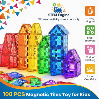100 Pc Magnetic Tiles Building Blocks Set for Kids Educational Magnet Toys for Preschool Learning, Creative Play Room Toys for Boys & Girls