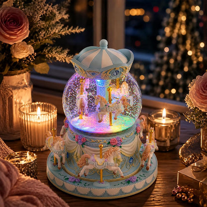 Blue Carousel Snow Globe Music Box with LED Lights, Rotating Horse Merry Go Round with Glitter Snowfall, Wind Up Musical Snow Globe Plays Over the Rainbow, Gift for Daughter Granddaughter Women