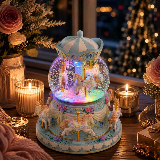 Blue Carousel Snow Globe Music Box with LED Lights, Rotating Horse Merry Go Round with Glitter Snowfall, Wind Up Musical Snow Globe Plays Over the Rainbow, Gift for Daughter Granddaughter Women