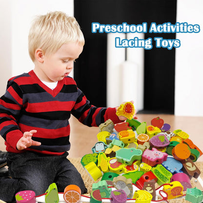 46 PCS Wooden Lacing Beads,Animals Fruits Threading Toys for Toddlers,Preschool Learning Lacing Toys,Montessori Educational Stringing Threading Beads Toys for Kids 3 4 5 6 Year Old Boys Girls