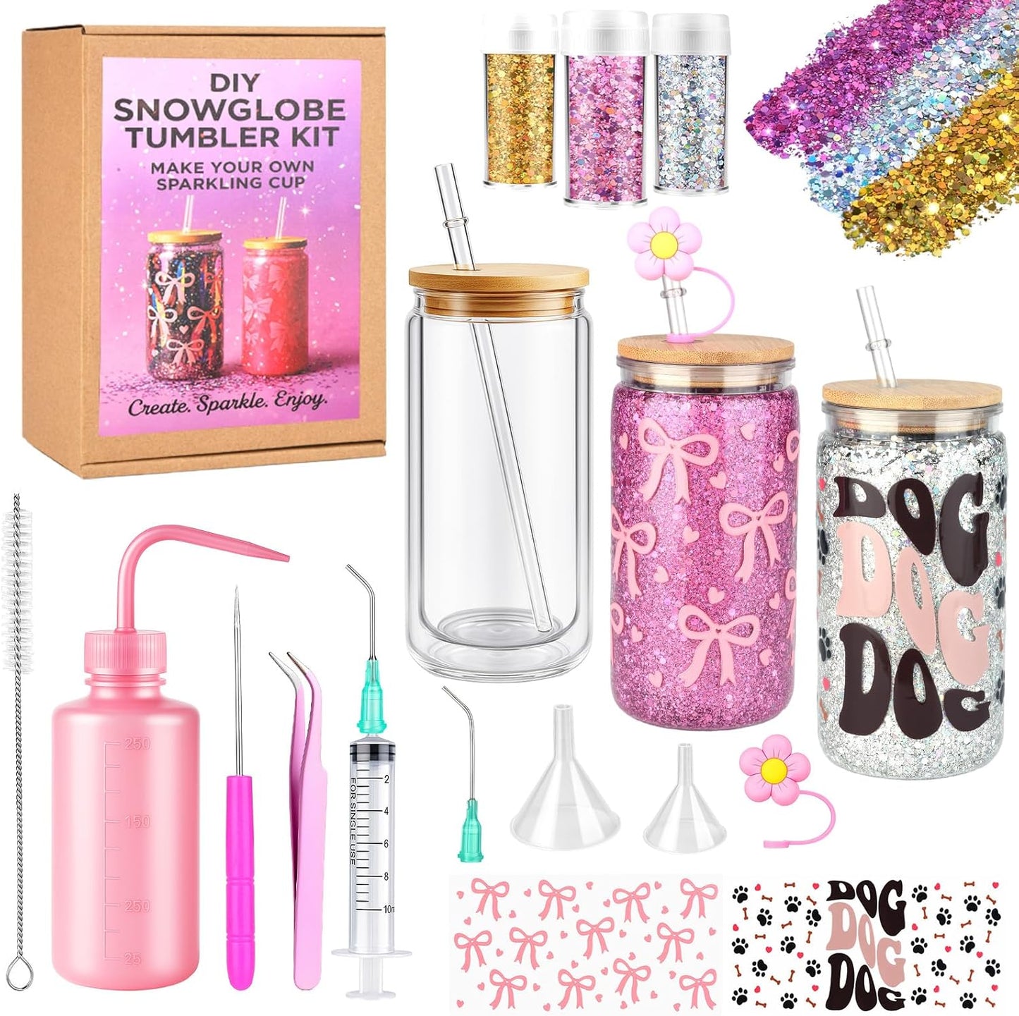 kiddgroo Snow Globe Tumbler Supplies, 25 Pcs DIY Snowglobe Cup Set– Includes 16oz Double-Wall Acrylic Tumbler, Cup Cradle, UV DTF Wraps, Craft Glitter & DIY Tools,Mothers Day Gifts