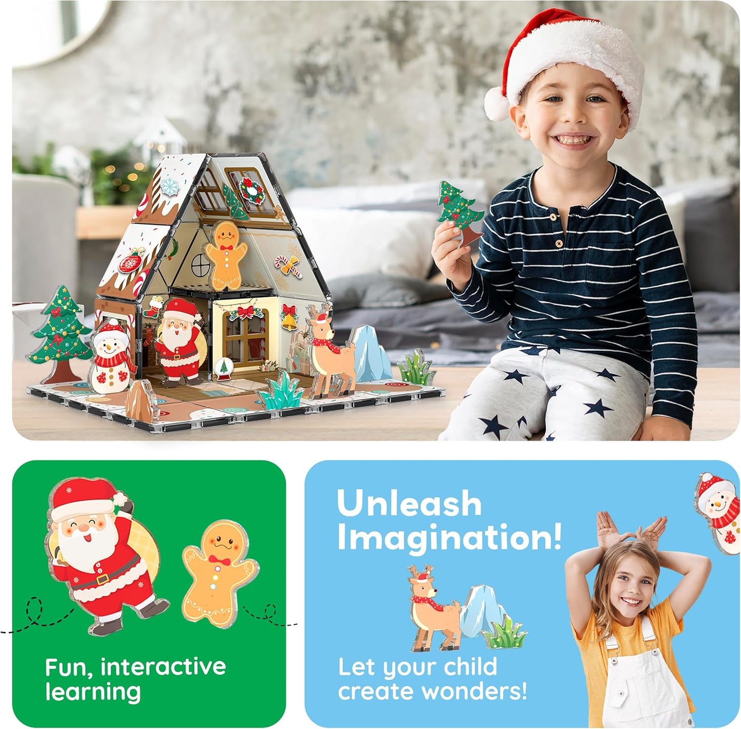 PicassoTiles Magnetic Tile Christmas Holidays Cottage Building Set with Santa Elves Nutcracker 6 Character Figures STEM Educational Construction Toy Winter Magnet Block Gift for Kids Age 3 Plus PTQ08