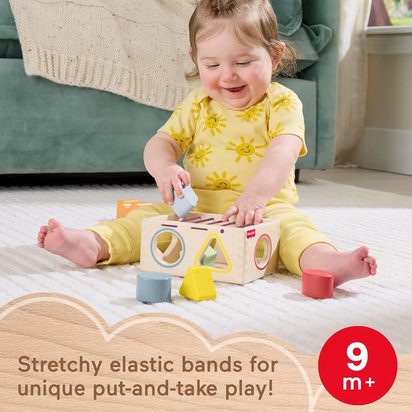 Fisher-Price Wood Baby Toy Flexi Shape Sorter, 7-Piece Wooden Activity with Elastic Bands for Infants & Toddlers Ages 9+ Months