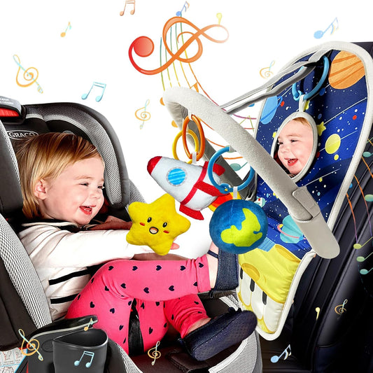 Car Seat Toys for 6-12 Months - Musical Pedal Piano with Baby Mirror, Squeaky Sensory Soft Animal Toys for Rear Facing Carseats