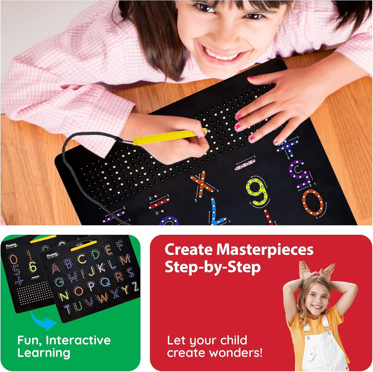 PicassoTiles 2PK 4-in-1 Magnetic Drawing Board 12x10 inch Large Magnet Tablet Pad with 4 Facings Lowercase & Uppercase Alphabets, Numbers, & Freestyle STEM Learning Writing Reading Playboard PTB06