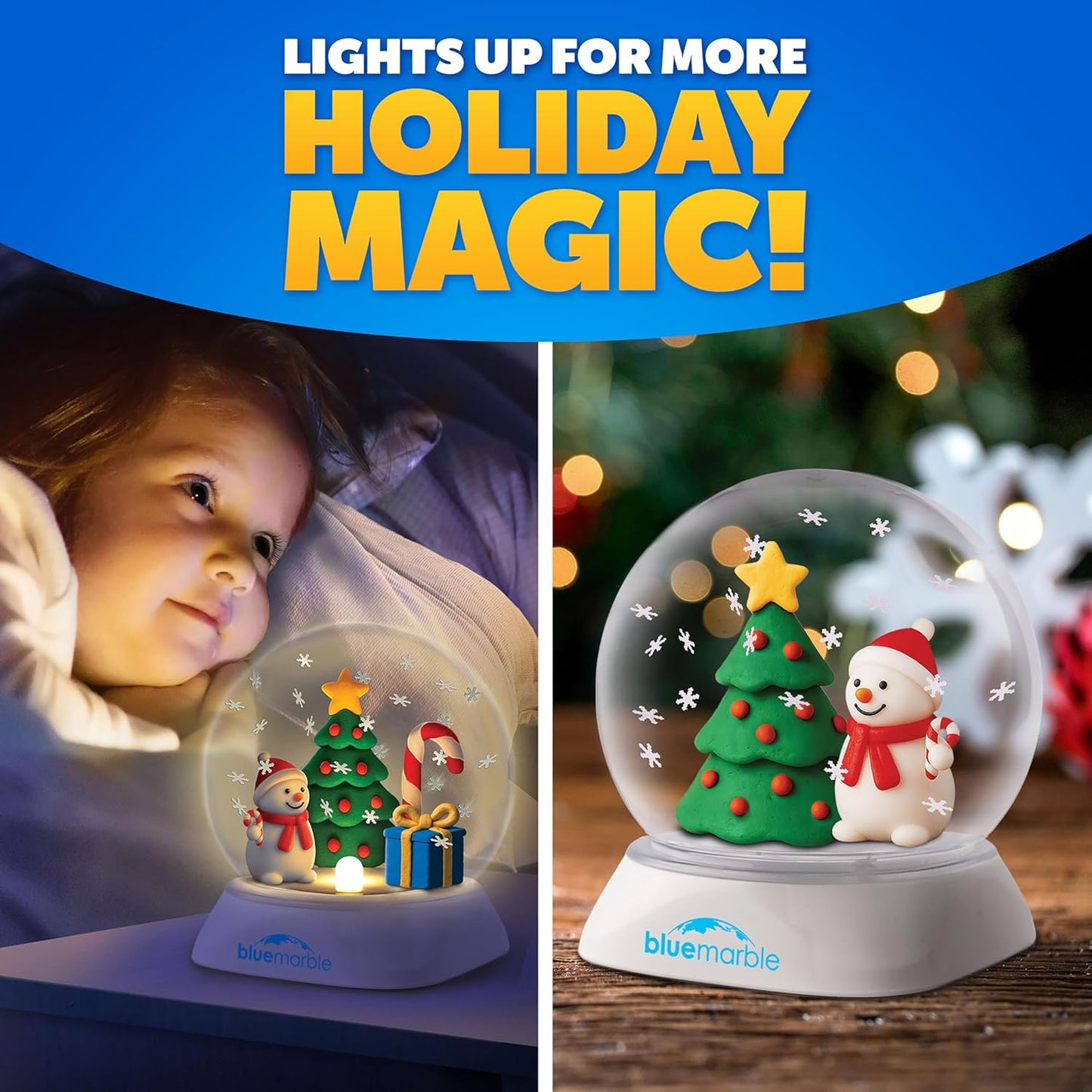 Blue Marble Light-Up Christmas Snow Globe for Kids Kit – Create a Holiday Scene with Clay, Snowflake Confetti & Snowman Figure, Plastic Snow Globe Kit, Christmas Crafts for Kids, Stocking Stuffers