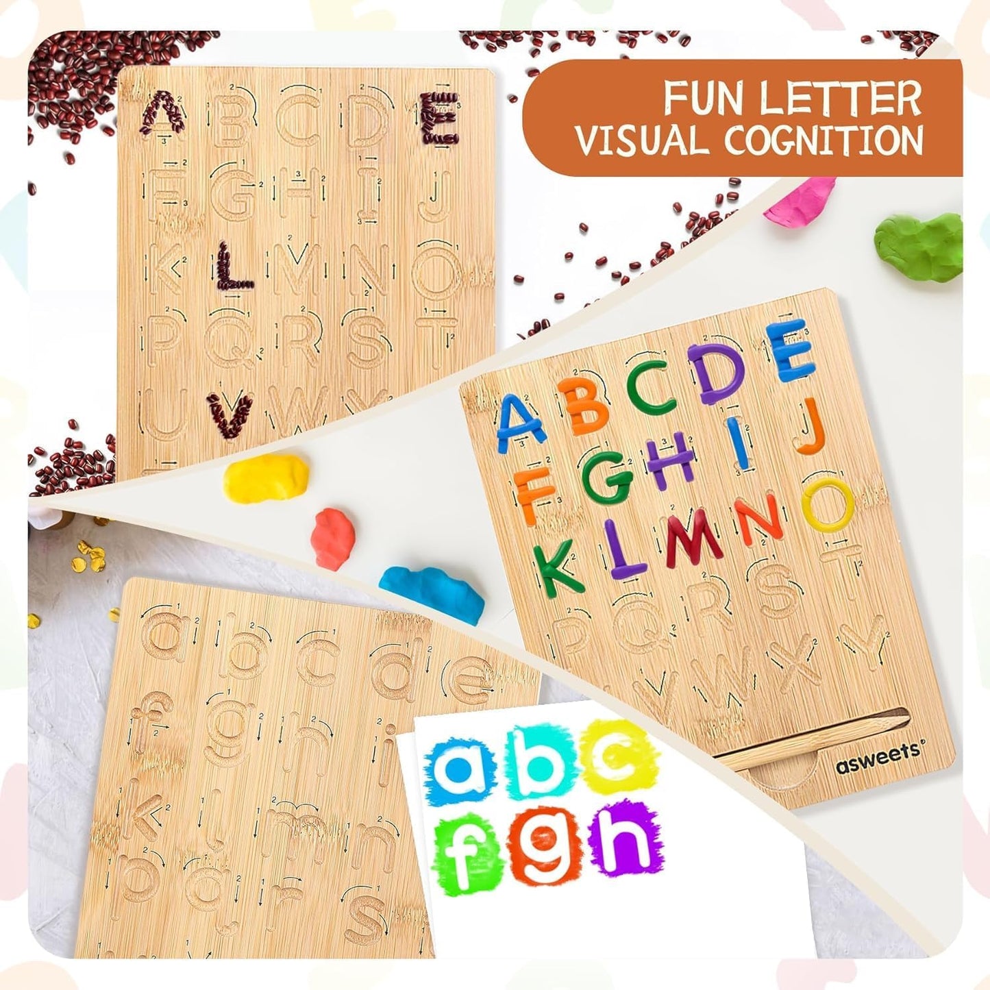 Asweets Montessori Wooden Alphabet Tracing Board, Wood Letter Practicing Board,Double-Sided Boards for Toddlers and Preschool Gifts for Kids(1 Piece)
