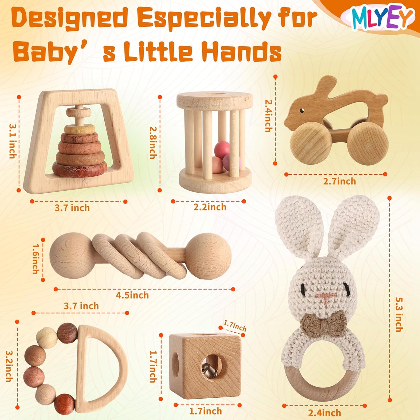 Wooden Rattles for Baby, 7PCS Wooden Montessori Toys for 7-24 Months Baby Boy Girl, Natural Beech Wood Grasping Toy, Gift for Babies