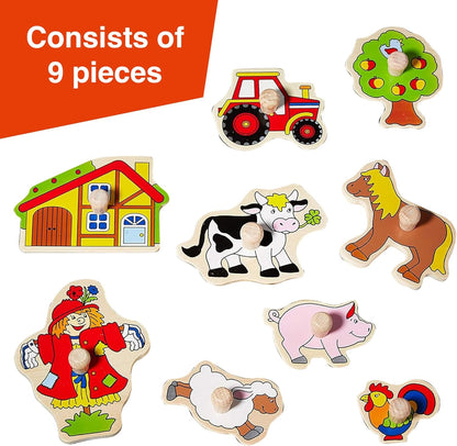 GOKI Wooden Puzzles for Toddlers 1-3 Farm Animal Peg Puzzle with Jumbo Knobs Ages 1+ Educational Montessori Toys for Shape Recognition & Fine Motor Skills - 9 Pieces-Designed with Love in Germany