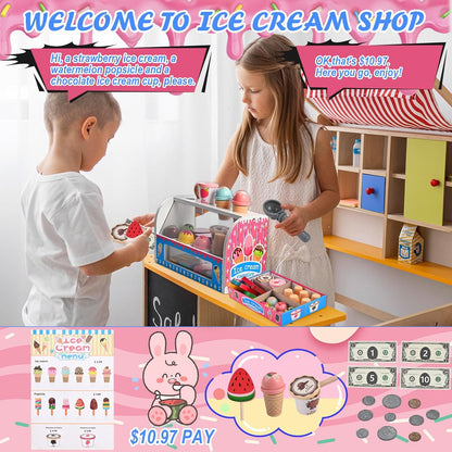 Ice Cream Play Set, Wooden Ice Cream Toy, Wooden Play Food, Ice Cream Shop Playset, Pretend Play Toys for Toddlers, Kitchen Toys Gift for Girls Boys 3 4 5 6 Year Old