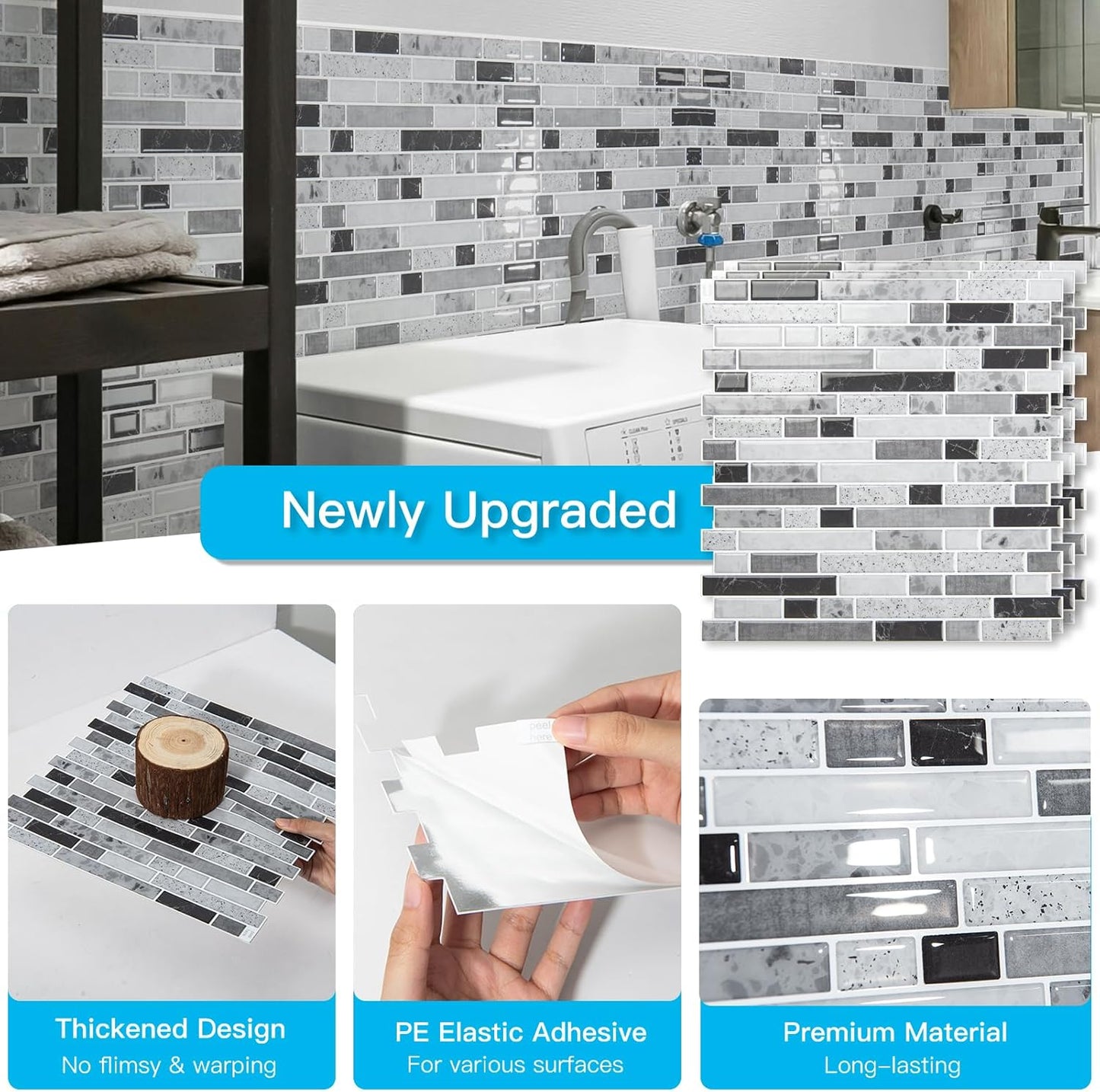 Art3d 10-Sheet Heavy-Duty Peel and Stick Backsplash, Waterproof Wall Tiles Stick on Kitchen Backsplash Living Space, Carrara Grey