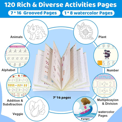 Magic Grooved Writing Practice Books for Kids 3-8, Reusable Grooved Handwriting Books-Letters Numbers Math Painting-Preschool Learning Activities-Birthday Gifts for 3 4 5 6 7 8 Years Old
