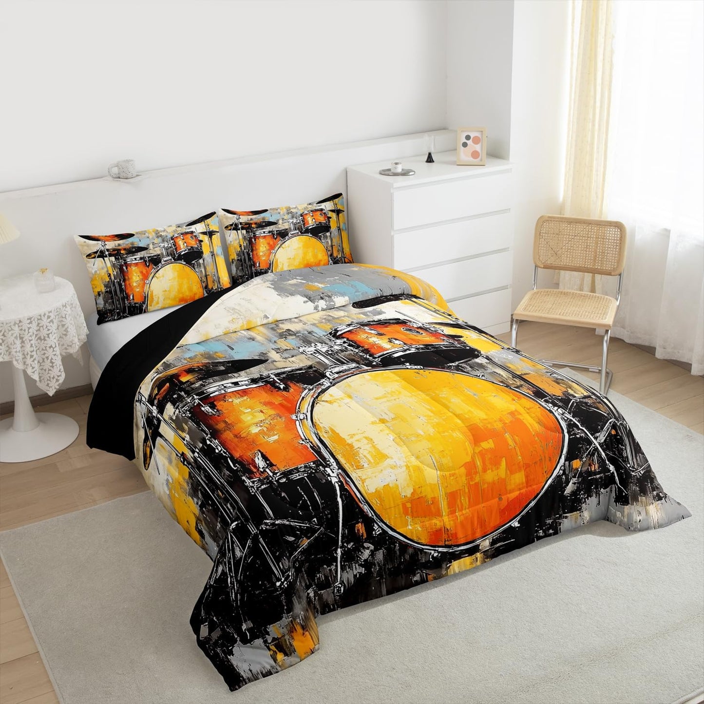 Erosebridal Drum Kit 3D Print Kids Comforter Sets Rock Music Themed Full Bedding Set for Boys Girls Musical Pattern Comforter Set,Colorful Retro Style Quilt Duvet 3 Pcs