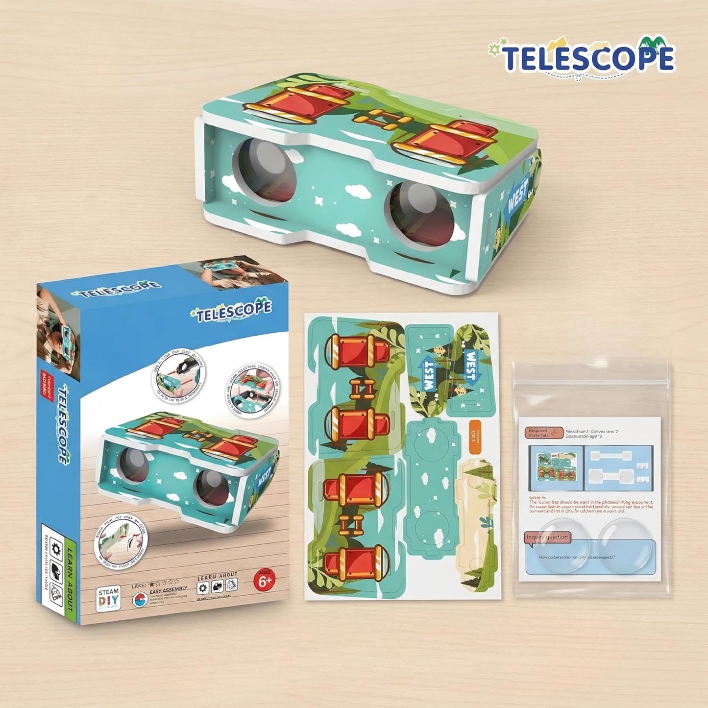STEM Kids Binoculars - Build Your Own Functional Telescope Kit, Educational Science Toy for Children to Explore Astronomy & Optical Principles with Convex & Concave Lenses
