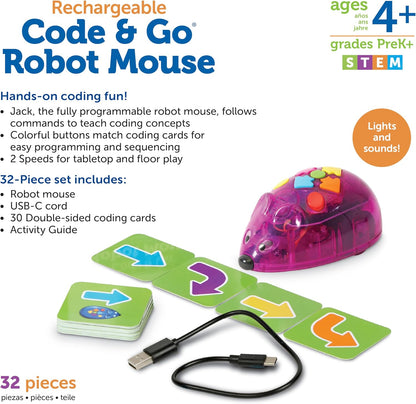 Learning Resources Rechargeable Code & Go Robot Mouse, Rechargeable Robot Toy, STEM Programming for kids, Early Coding for Kids 5-7