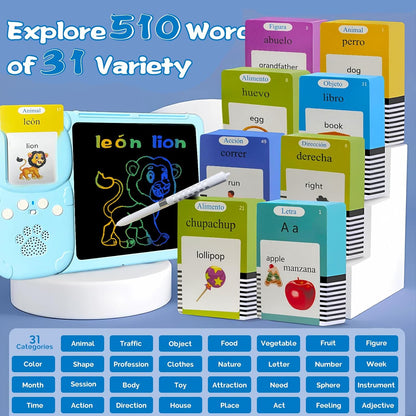 Talking English & Spanish Flash Cards - 8" LCD Writing Tablet for Kids 3-12, Bilingual 510 Sight Words, Toddler Pocket Speech, Drawing Sketch Pad, Autism Toys for Boys (Spanish, Blue)