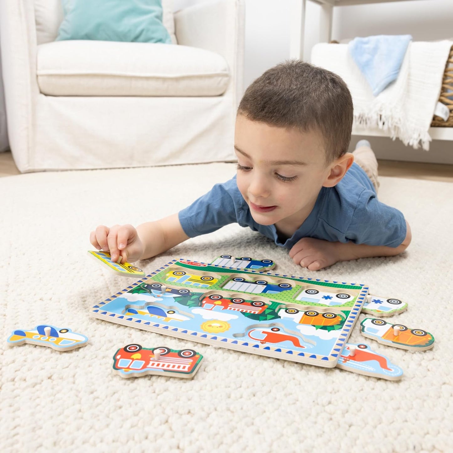 Melissa & Doug Wooden Peg Puzzle Set – 4-Pack Vehicle, Farm, Safari & Pet Animal Themes – Educational Puzzles for Toddlers and Preschoolers Ages 2+