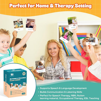Actions Flash Cards for Kids (Ages 3-7), 50 Real-Life Photo Cards for Speech & Language Development, Based on Total Physical Response (TPR) Learning Approach, Support Daily Feelings