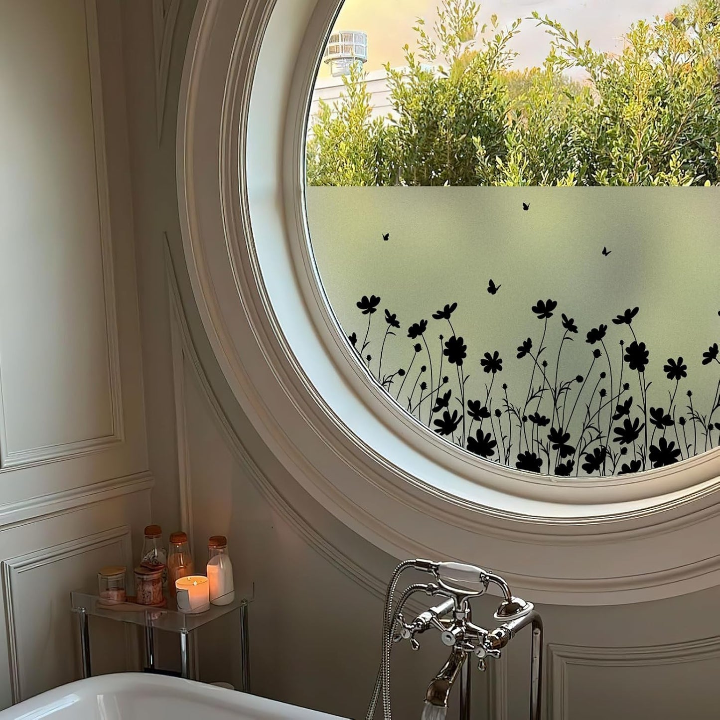 DKTIE Window Privacy Film Flowers Pure White Pattern Stained Glass Window Film Decorative Frosted Glass Window Film Sun Blocking Heat Control Static Cling (A274, 17.5" x 78.7")