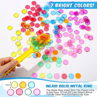Sanwuta 7 Colors Magnetic Bingo Wands 200 Metal Translucent Chips Easy to Pick up Magnetic Bingo Chips Stem Kits for Science Learning Counting Family Game Night Activities