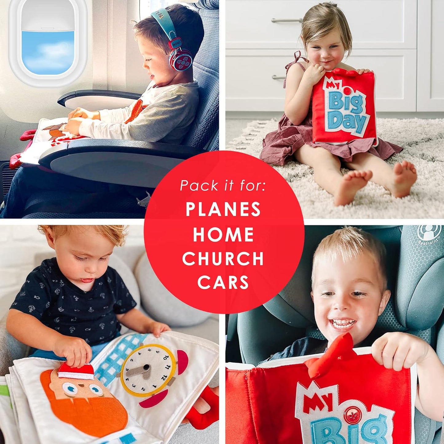 Curious Columbus Quiet Book Fabric Busy Book - Airplane Travel Toys for Kids - Montessori Toy Preschool Activity Books - Fun and Educational Fabric Book