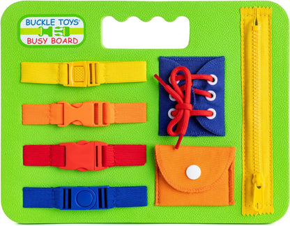 Buckle Toys Busy Board - Montessori Learning Toy for Toddlers Road Trip Essentials - Foam Sensory Board - Develop Fine Motor Skills - Green