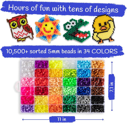 CraftyCreations 10,500pcs Fuse Beads Craft Kit - Perler Beads Compatible Kit, 34 Colors, 6 Pegboards, 34+ Patterns, Tweezers, Plus Tools, Keychains, Accessories & More with Free Carrying Case
