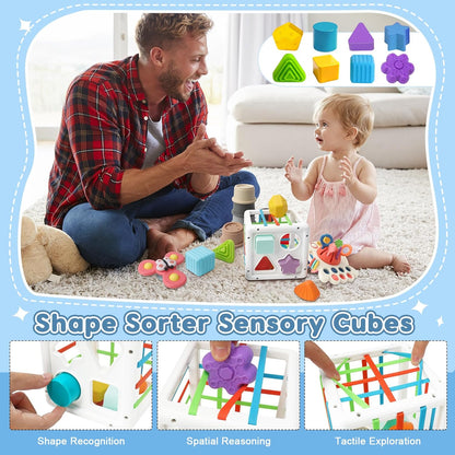 6 in 1 Montessori Toys for Babies 6-12 Months Up - Incl Pull String Toy, Stacking Cups, Tissue Box, Suction Cup Spinner, Stacking Blocks,Activity Cube, Baby Toys for 1 2 3 Year Old
