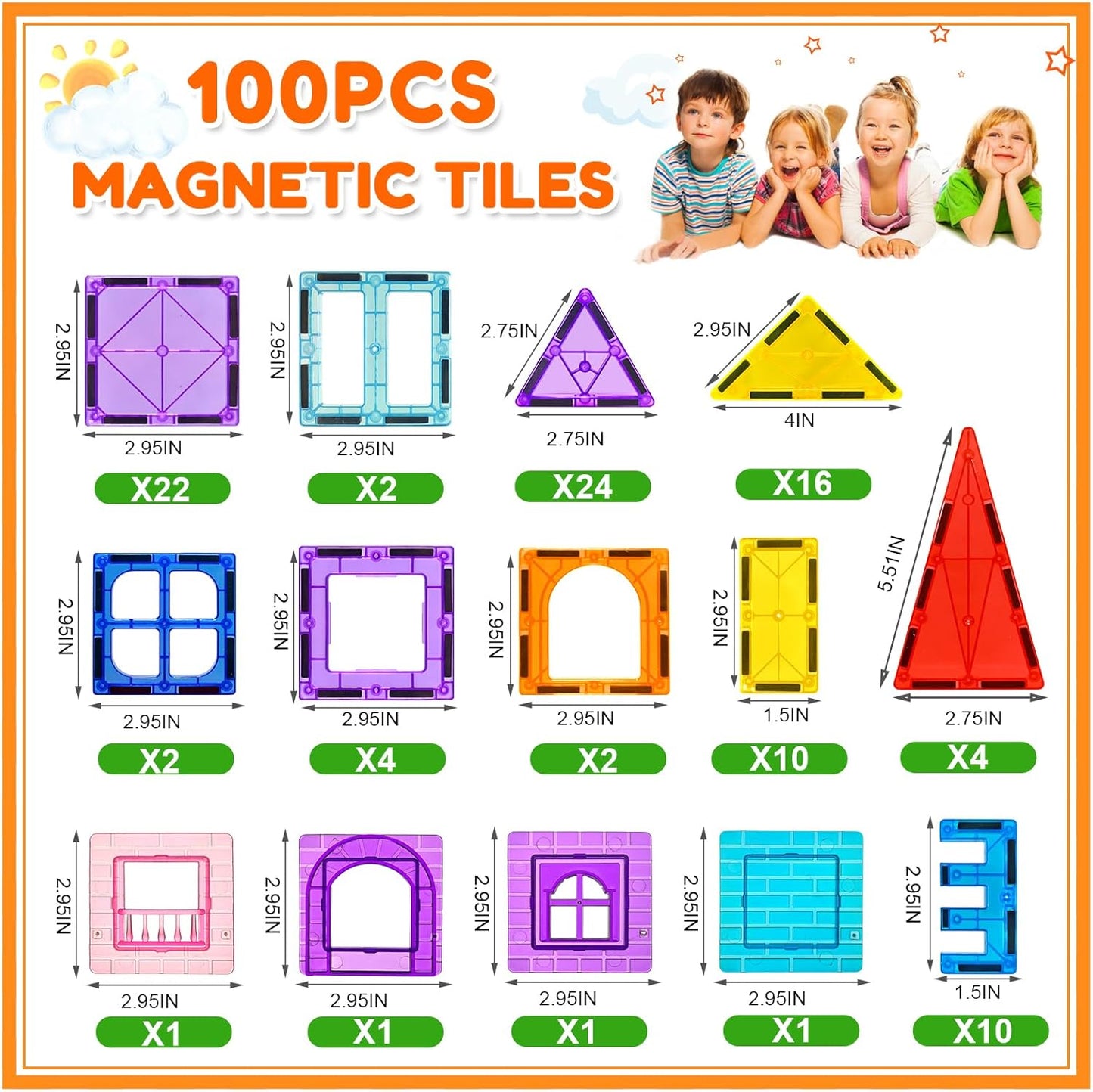 NVHH 100PCS Magnetic Tiles Blocks for Kids Ages 3-5 4-8,STEM Learning Educational Preschool Magnet Building Toys for Toddlers,Christmas Birthday Gifts Toys for 3 4 5 6 7 8+ Year Old Boys Girls