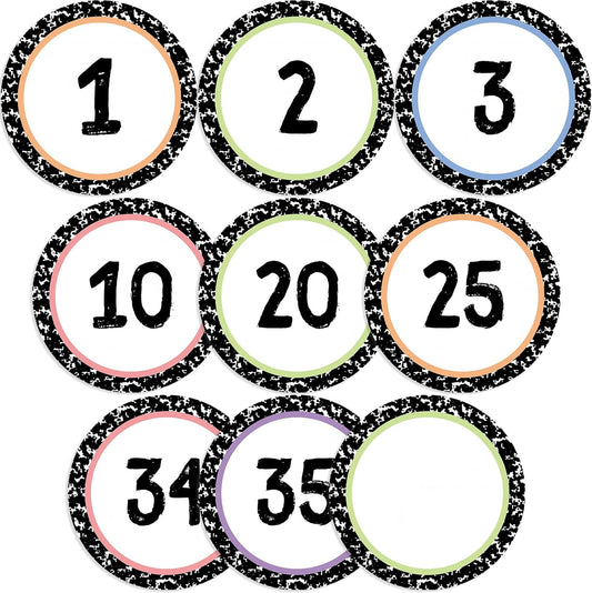 Chinco 40 Pieces Eucalyptus Laminated Numbers Cutouts for Classroom Decor - Farmhouse Circle Wood Grain Bulletin Board Accents with 40 Adhesive Glue Point Dots