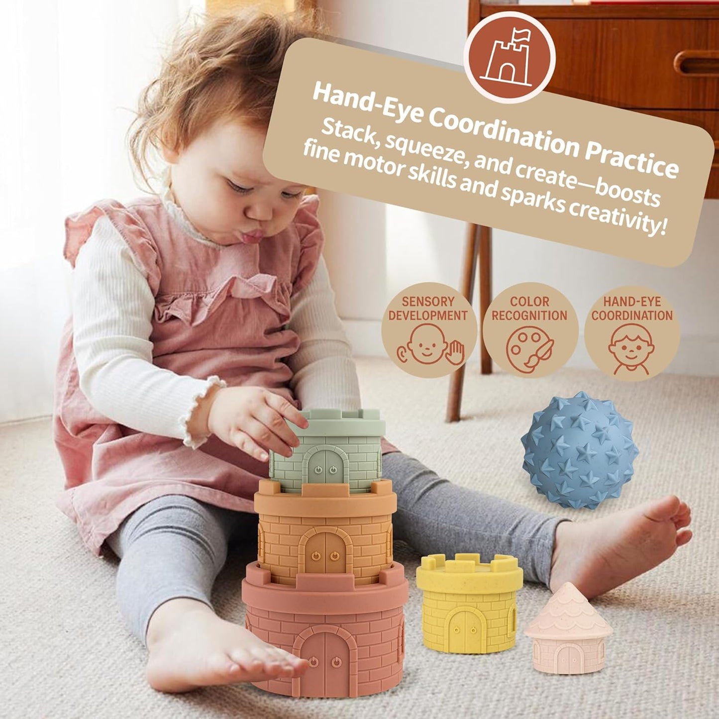 Soft Spiky Sensory Balls & Stacking Cups Set, Textured Geometric Baby Balls, Castle Nesting Blocks, Teether & Bath Toys, Montessori Gifts for Babies 6-12 Months Toddlers 1-3
