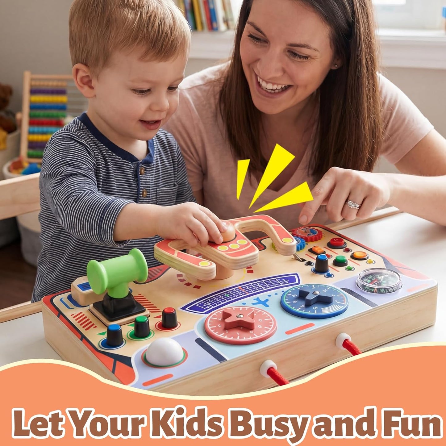Montessori Busy Board for Toddlers 2-4,Wooden Sensory Steering Wheel Toys with LED Light Switch,Travel Toy Educational Fidget Activity Board for Boys and Girls Gift