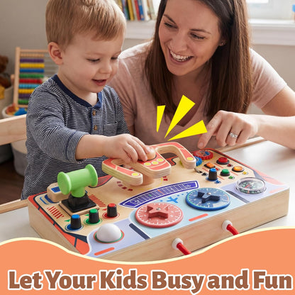 Montessori Busy Board for Toddlers 2-4,Wooden Sensory Steering Wheel Toys with LED Light Switch,Travel Toy Educational Fidget Activity Board for Boys and Girls Gift