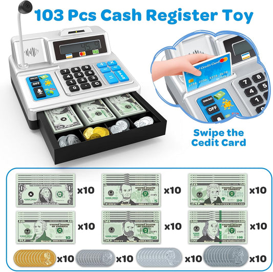 Calculator Cash Register - 103 Pcs Toy Cash Register, Store Set with Microphone, Credit Card and Banking for Kids, Toddler Math Learning Toys, Preschool Gifts for 3, 4, 5, 6, 7, 8+ Years Old Boy Girl